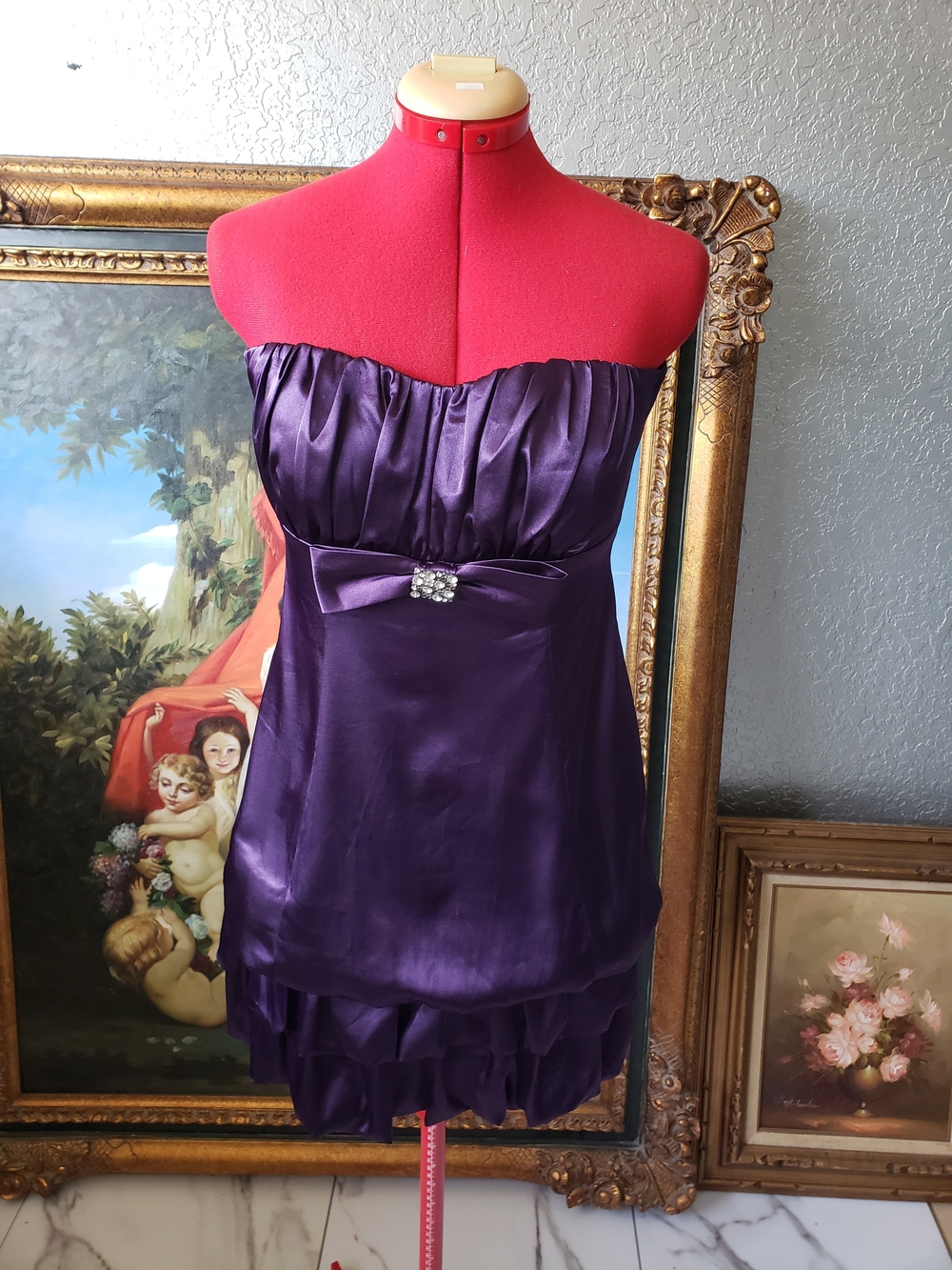 Teeze Me Strapless Purple Satin Cocktail Dress with Bow & Rhinestone Accent